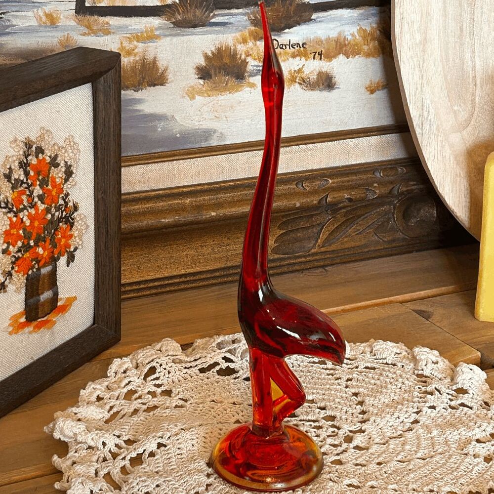 Vintage Viking Ruby Red Amberina EPIC Art Glass Egret Crane Bird Heron MCM